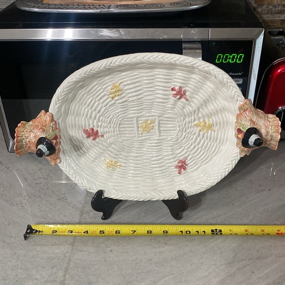 2 Vtg Fitz and Floyd Pilgrim's Progress Leaf Turkey Thanksgiving Serving Platter - Picture 14 of 16